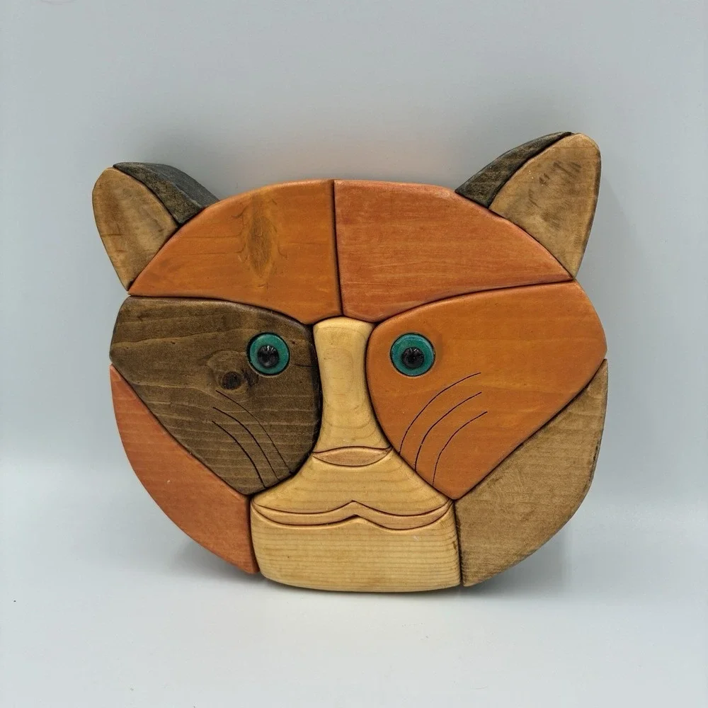 INTARSIA‎ MIXED WOOD Cat HEAD WALL ART HANDMADE